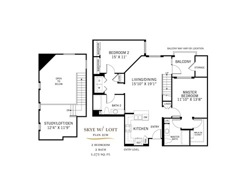Floor plan for 2 beds, 2 baths, 1272 sqft